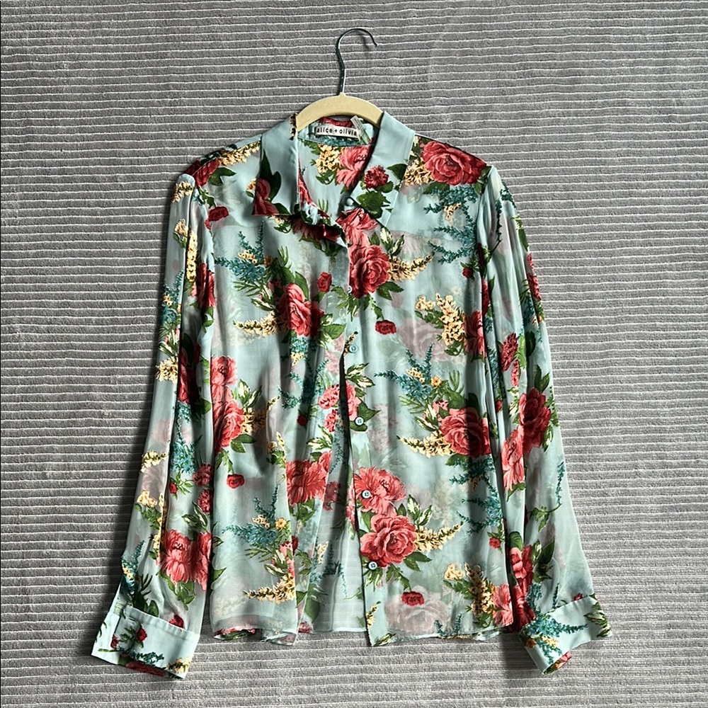Alice + Olivia Red and Green Floral Casual Button Down Shirt